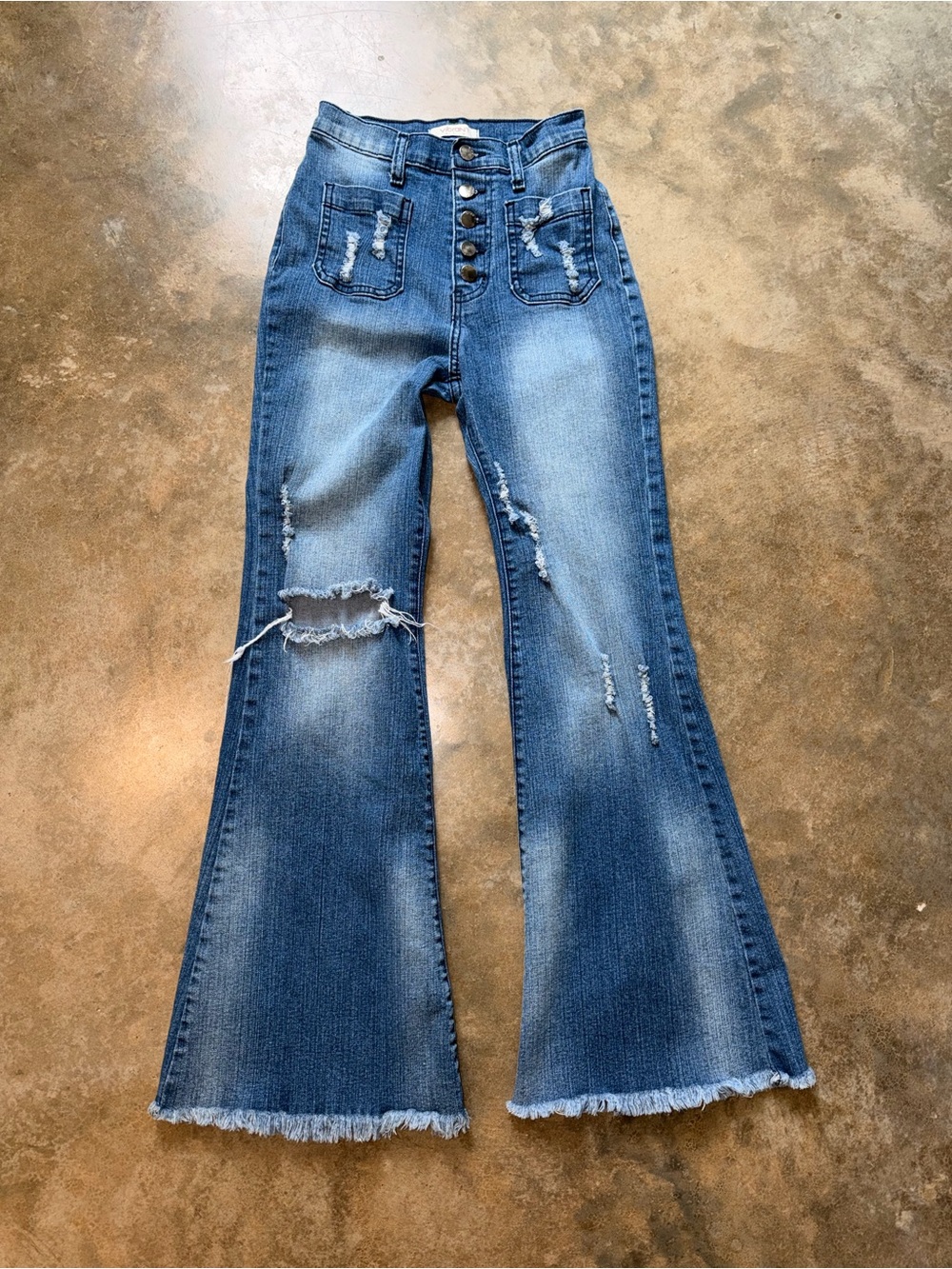 Vibrant High Rise Distressed Flare Jeans Button Fly Medium Wash 25